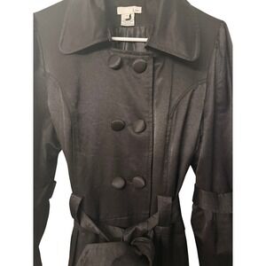 Luii Black Satin Trench Coat Double Breasted Belted Jacket Womens XL